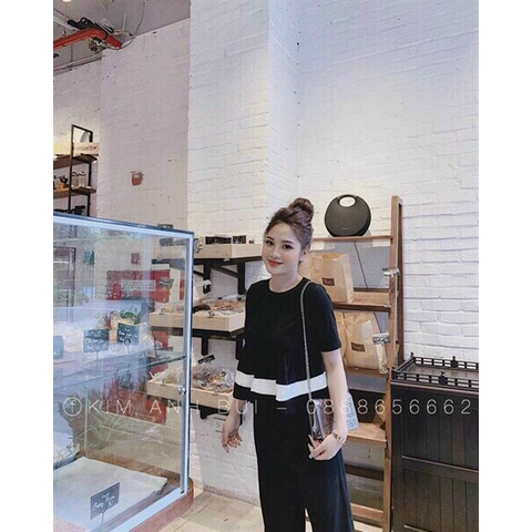 Set bộ áo cổ tròn xòe phồng + quần dài ống suông, set bộ kate phối viền bánh bèo đi chơi, đi biển cực dễ thương