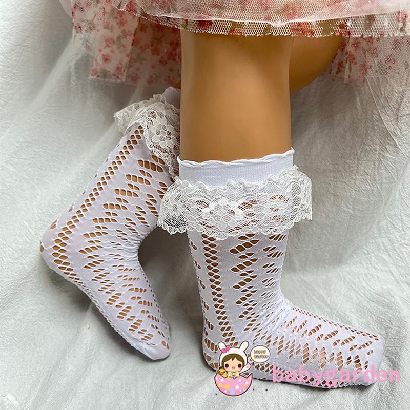 Vớ Cotton Viền Ren Lưới Màu Trơn Thoáng Khí Mùa Hè Có Vòng Tay Co Giãn Màu Đen/Trắng Cho Bé Gái