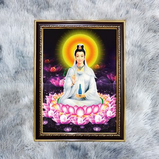 Tranh Quan Âm Bồ Tát hoa sen hồng tím bằng vải phủ bóng, khung composite