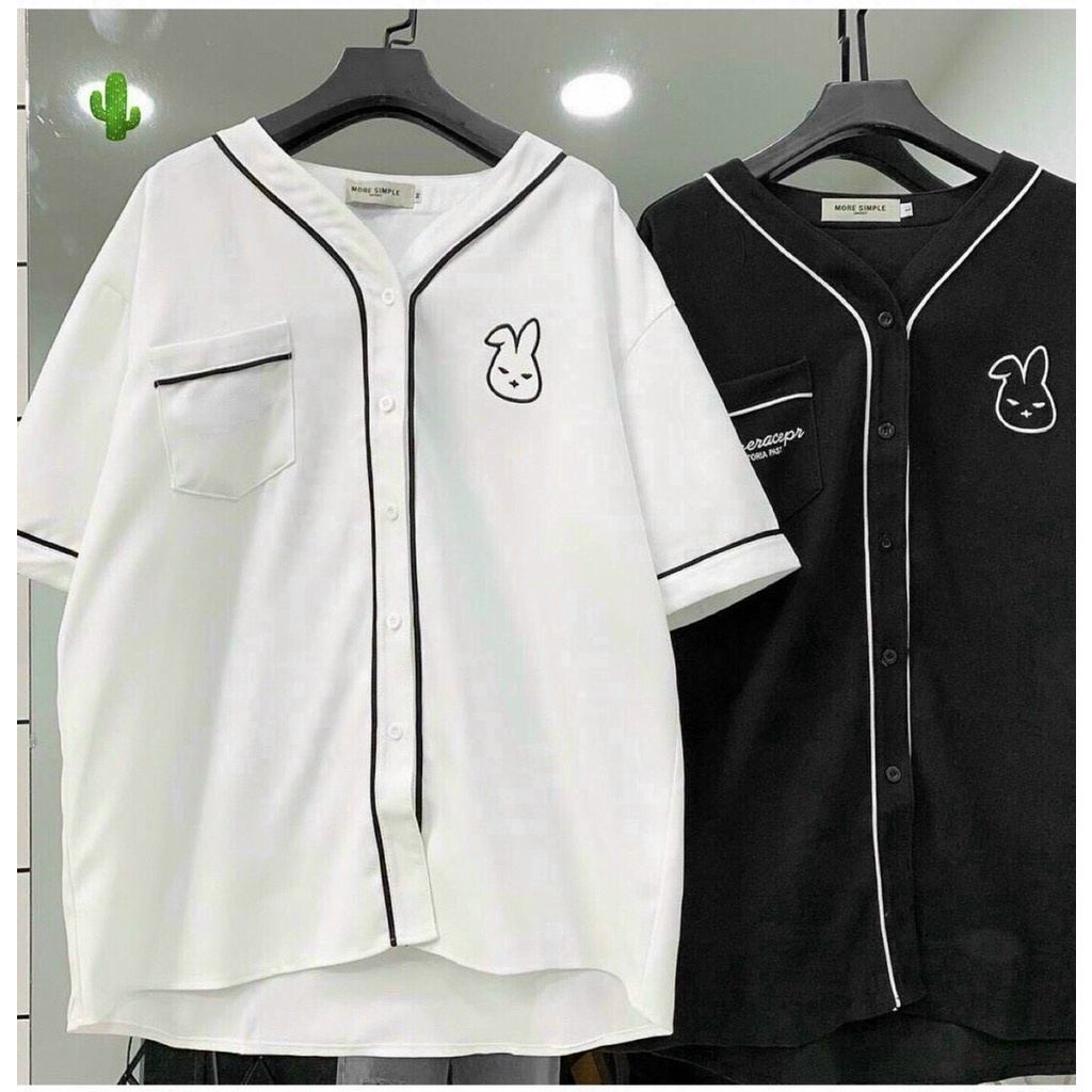 áo sơ mi không cổ viền sọc đen túi thêu thỏ xinh chất mát p