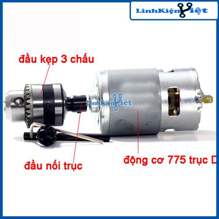 Bộ Khoan Tự Chế Từ Động Cơ 775 Trục D Cực Khỏe và Phụ Kiện V1 ( Đầu Kẹp 3 Chấu và Đầu Nối Trục B10-5mm Có Ốc Vặn )