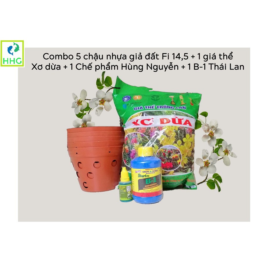 COMBO 5 CHẬU NHỰA GIẢ ĐẤT FI 14,5 + 1 GIÁ THỂ XƠ DỪA + 1 CHẾ PHẨM HÙNG NGUYỄN + 1 VITAMIN B-1 MĨ 235ML