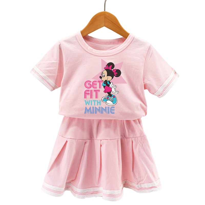 Bộ 2 Món Áo Thun 100% Cotton + Chân Váy Xếp Ly Họa Tiết Chuột Mickey Minnie Dễ Thương Cho Bé Gái 2022