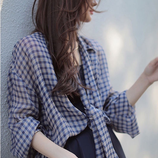 Áo sơ mi IELGY vải mỏng kẻ sọc caro màu xanh lam thời trang mùa hè cho nữ