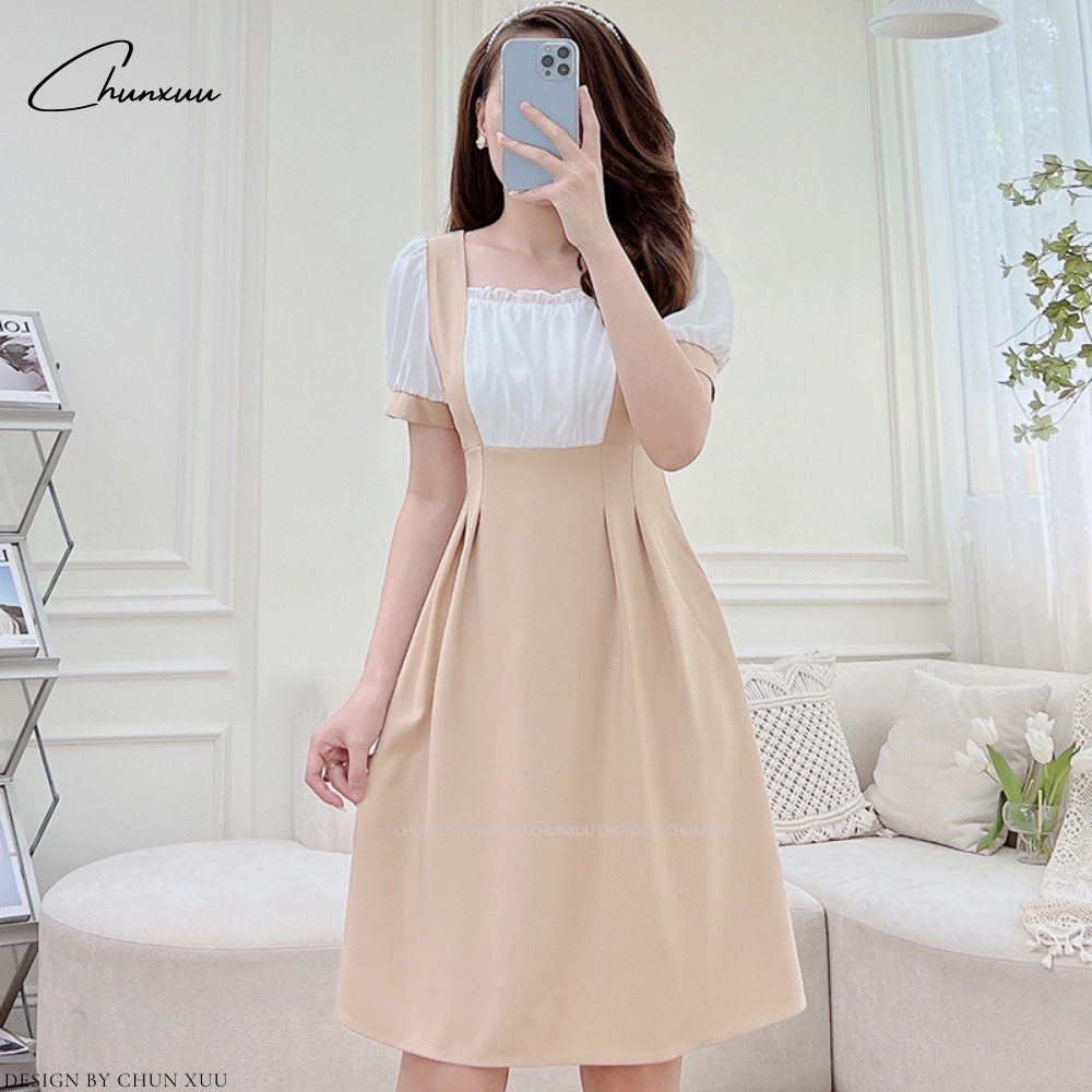 Váy nữ dáng xòe thiết kế cổ vuông phối voan bèo chiết li eo tiểu thư chất vải đẹp ChunXuu V10