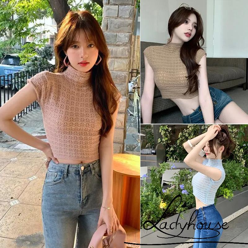 Áo Dệt Kim Mỏng Tay Ngắn Cổ Cao Phong Cách Hàn Quốc Thời Trang Cho Nữ