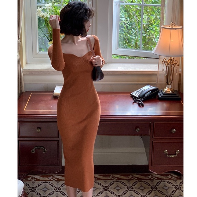 Đầm dệt kim tay dài cổ vuông thiết kế mới thời trang mùa thu theo phong cách vintage dành cho nữ