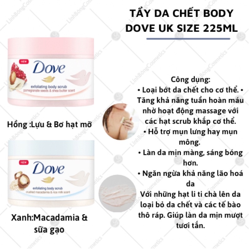 TẨY DA CHẾT DOVE CHO BODY LÀM SÁNG - DƯỠNG ẨM CHO DA 225ML