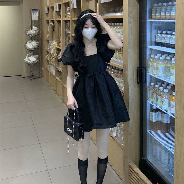 Váy babydoll Đầm Đen váy xinh váy tiểu thư Tay Phồng Cổ Vuông Phong Cách Pháp Thời Trang Mùa Hè Xinh Xắn Cho Nữ