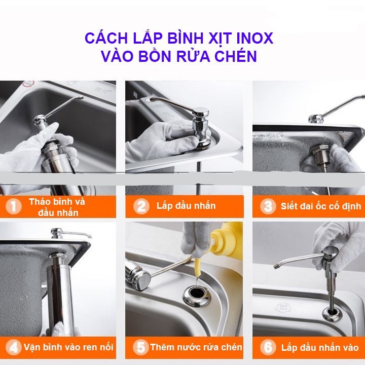 Bình Nước Rửa Chén 100% INOX Bình Xà Bông Nhấn Hơi Âm Thành Chậu, hết nước rửa chén chỉ cần rút cái đầu ra rồi thêm vào