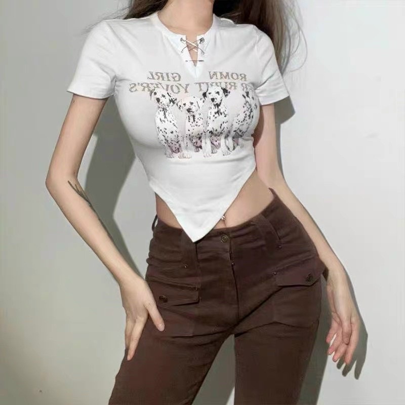 [CÓ GHIM CÀI] Áo CropTop Tà Chéo In Hình Chú Chó