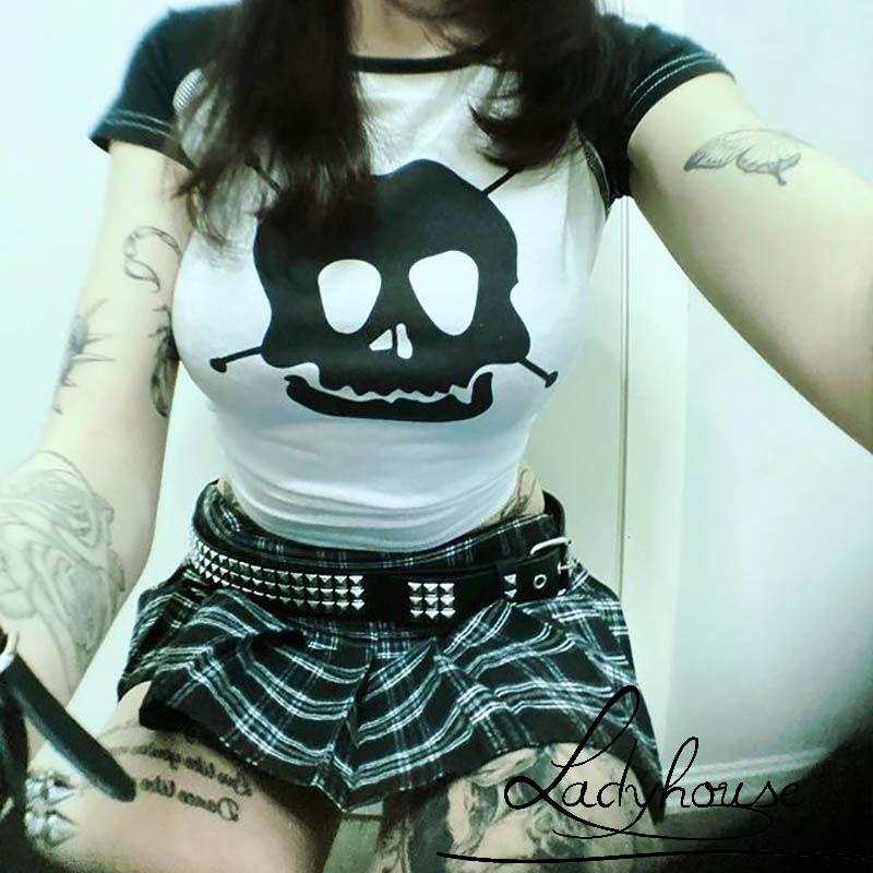 Áo Thun T-shirt Tay Ngắn Cổ Tròn In Hình Đầu Lâu Màu Sắc Tương Phản Phong Cách Punk Dành Cho Nữ