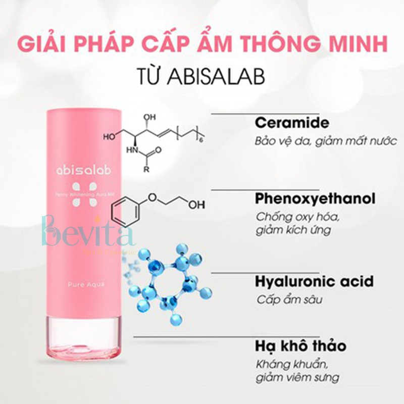 Xịt khoáng cấp ẩm Abisalab Peony Whitening Aura Mist 60ml, xịt khoáng da khô - Bevita