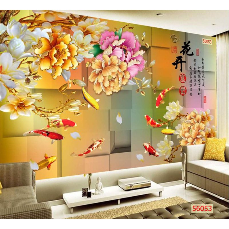 Tranh 3D dán tường in Vải Lụa tranh hoa mẫu đơn đàn cá koi KT 120x80cm
