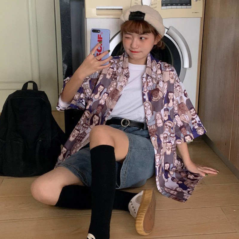 Áo sơ mi tay ngắn hoạ tiết in phong cách retro