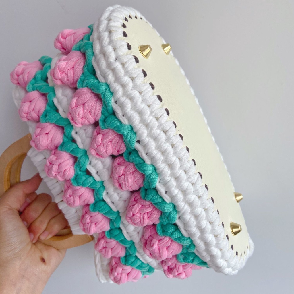 Vải sợi len móc túi xách hoa tulip tay xách bằng gỗ DIY