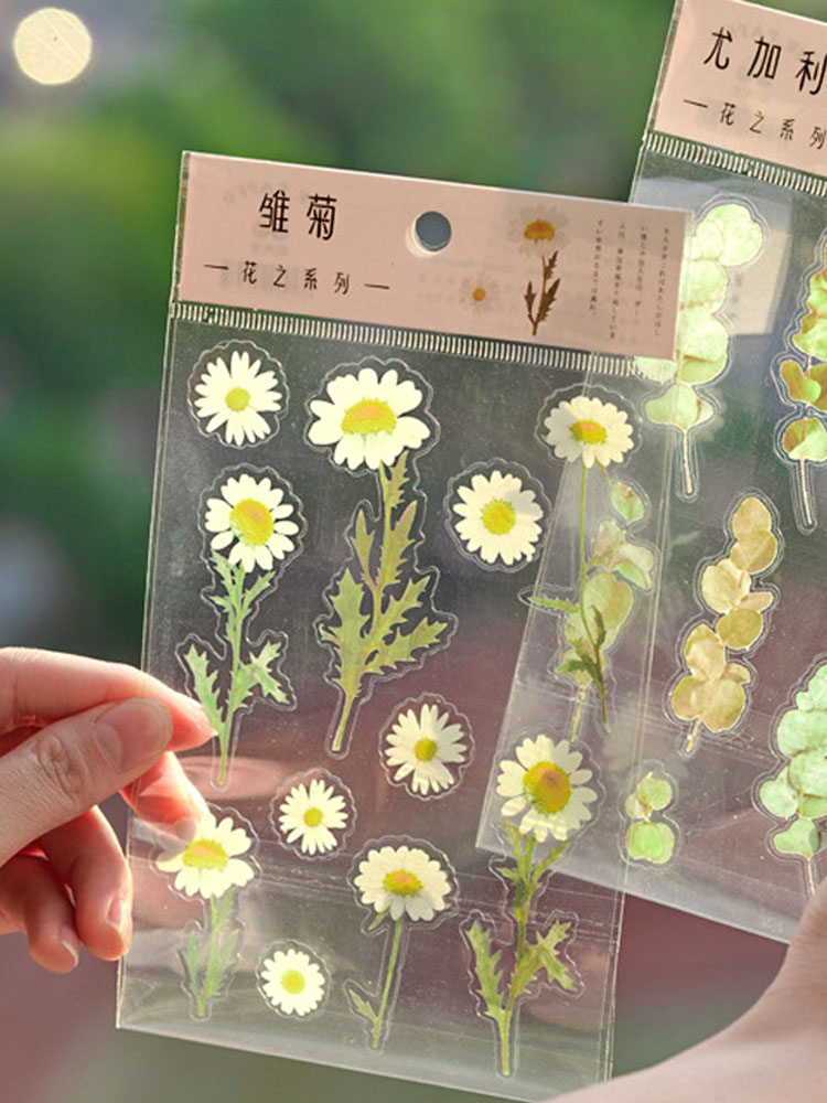 Miếng dán trang trí HOUSEEKER hình hoa cúc / lá cây trong suốt chất liệu PET
