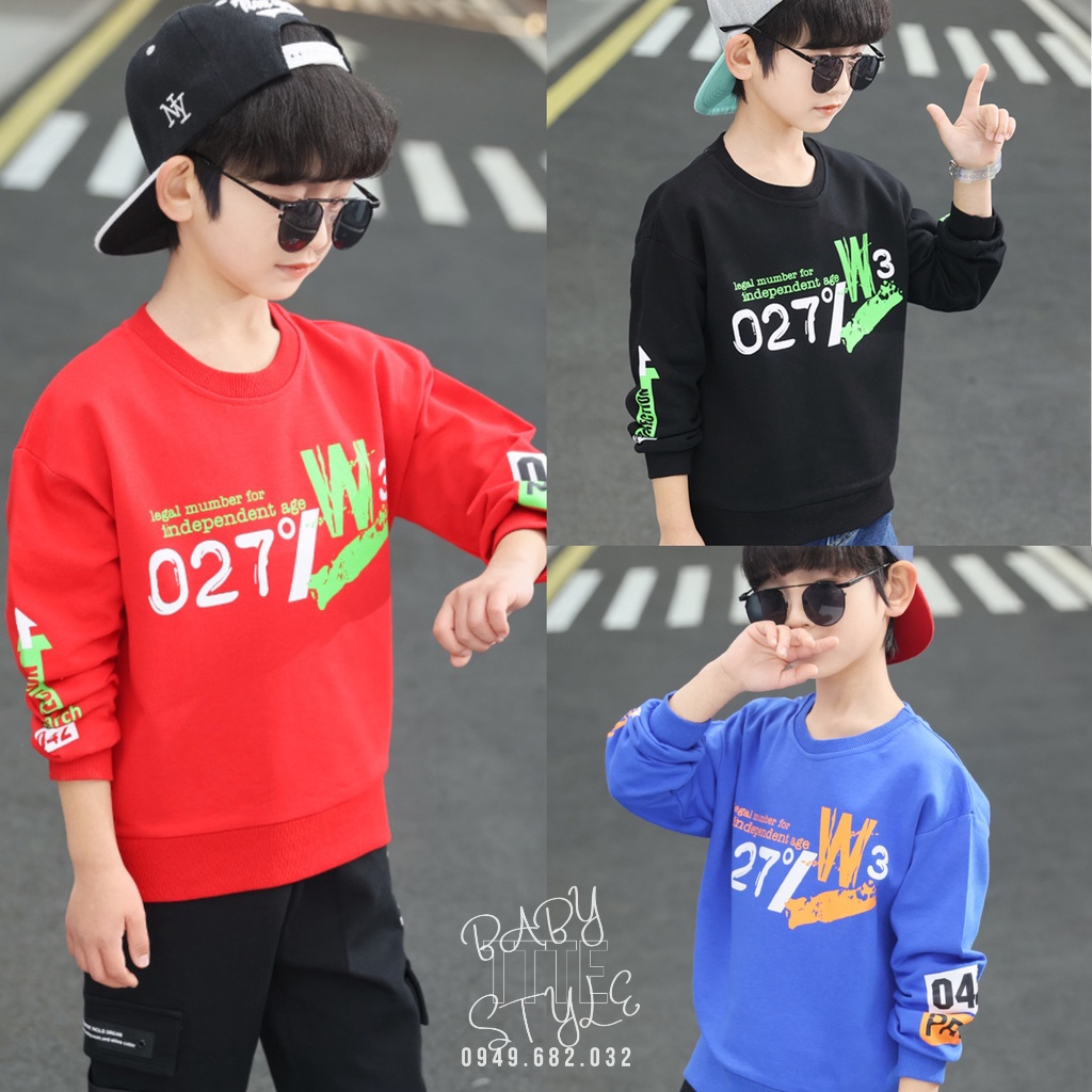 Áo sweater nỉ cổ tròn dài tay &quot;027 W3&quot; 14-45kg cho bé trai 4-15 tuổi. Vải da cá dày dặn. Thoải mái. B42