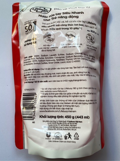 Nước rửa tay túi Lifebuoy Bảo vệ vượt trội 450g(443ml)