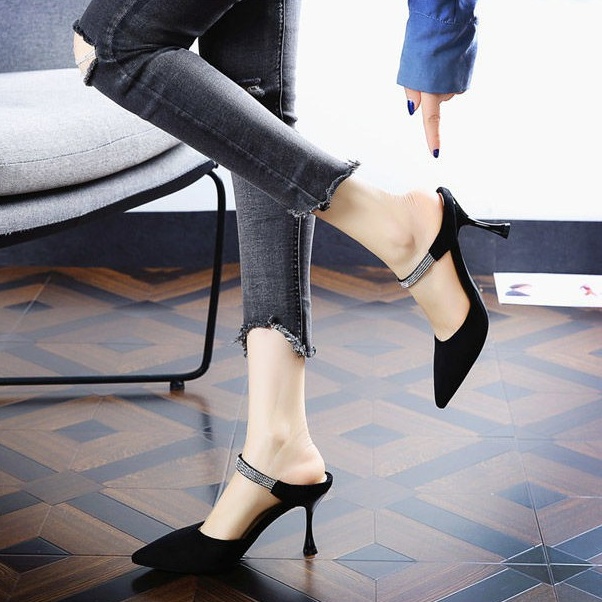 Giày, sandal cao gót BBC51 nữ 7P gót nhọn da lộn hở gót đính đá thời trang Hàn Quốc