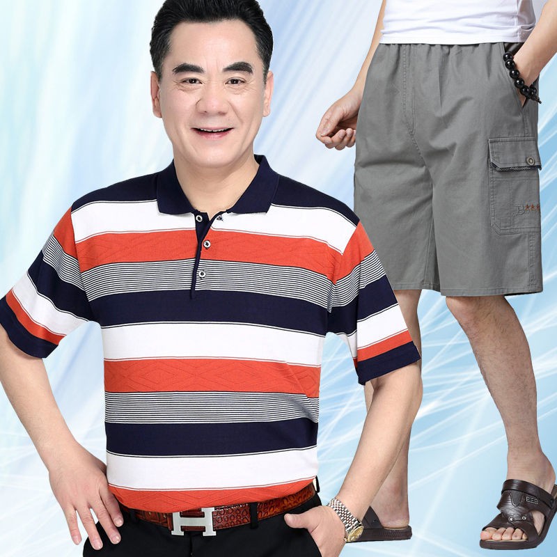 Áo sơ mi trung niên ngắn tay nam mỏng phù hợp với bố mùa hèDaddy summer hai mảnh suit lụa băng đàn ông 40-50 tuổi 60 áo