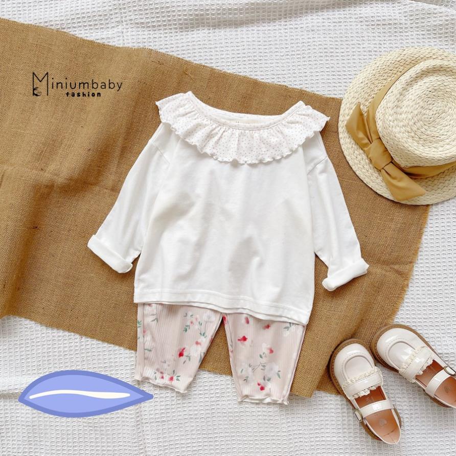 Bộ đồ dài tay cổ bèo quần dài in hoa thu đông cho bé gái chất liệu 100% cotton, quần áo trẻ em MiniumBaby-SB1280