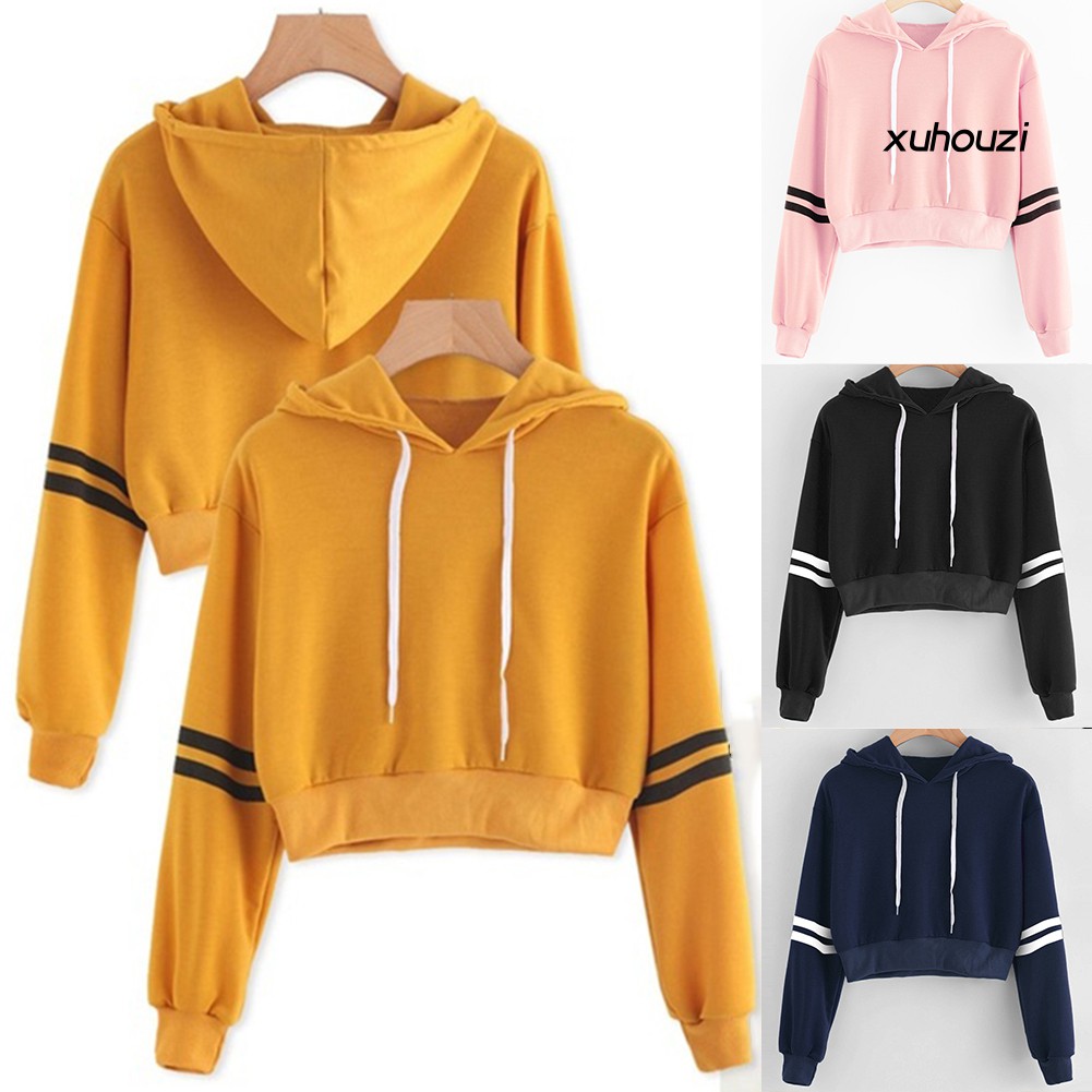 Áo Hoodie Lửng Tay Dài Kẻ Sọc Trẻ Trung Cho Nữ