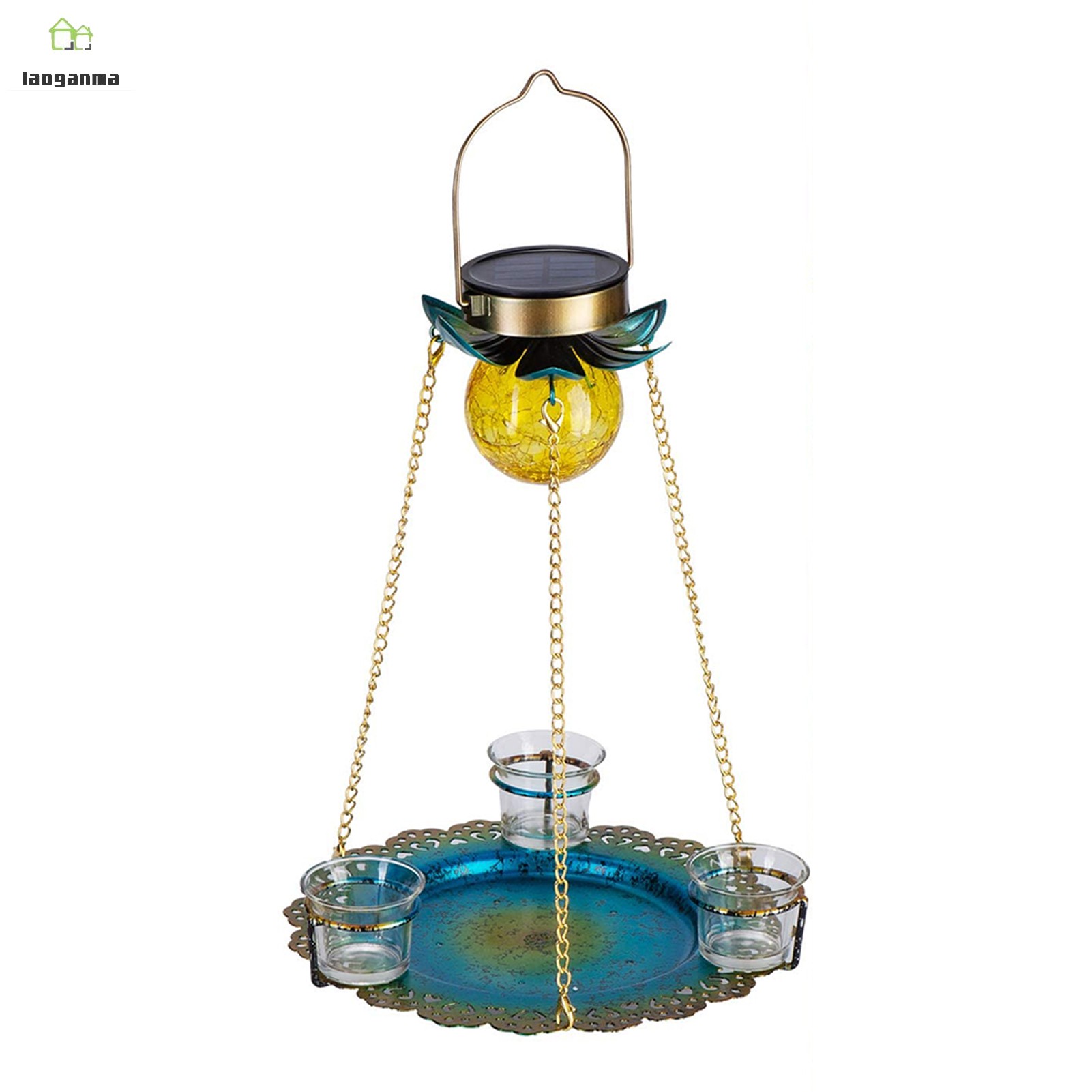 Solar Powered Birds Feeder Outdoor Hanging Waterproof Birds Food Tray Garden Metal Flower Decorative LED Lighting