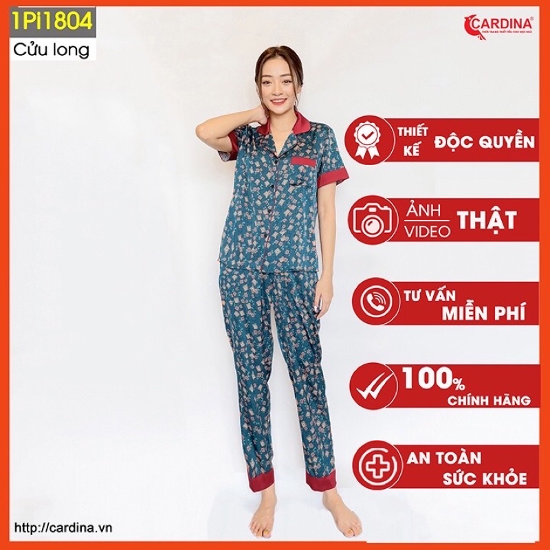 Bộ pijama nữ Cảdina quần dài áo cộc tay chất lụa satin Nhật họa tiết