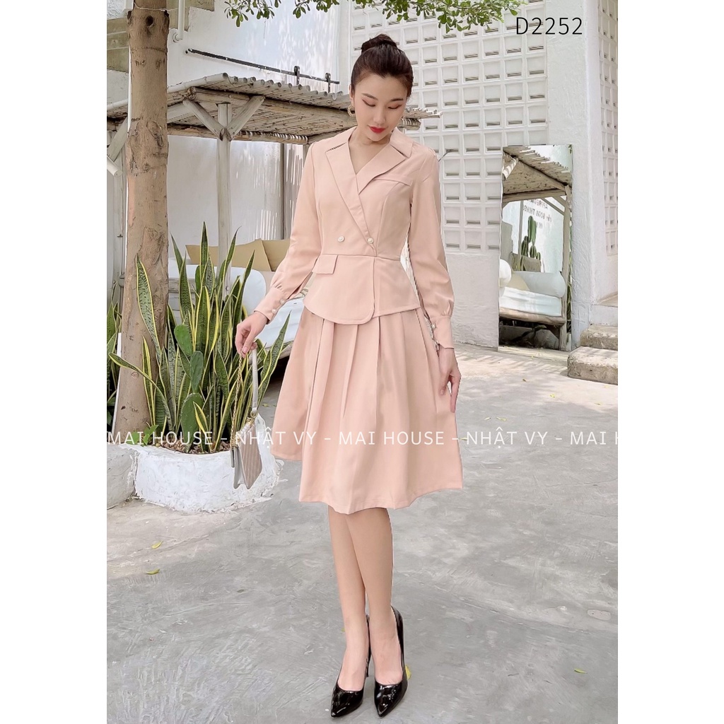 Đầm Nữ NHẬT VY Cổ Vest Dài Tay Phối Dập Ly Chất Kaki Thun Dáng Ôm Xoè Nhẹ Màu Đen, Nude - D2252