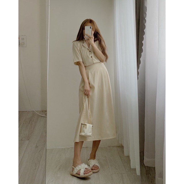 Set sơ mi nữ tay ngắn váy dáng dài nữ chất mịn màu kem,xanh,đen basic, Set blazer tay ngắn kèm chân váy dáng dài