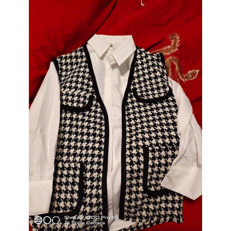 Sét váy nữ áo sơ mi phối gile kèm belt siêu tôn dáng, màu sắc trẻ trung, thanh lịch