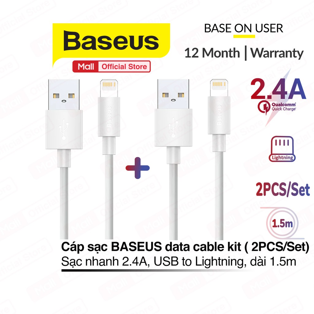 Hộp 2 cáp sạc BASEUS Simple Wisdom KIT USB to Lightning, sạc nhanh 2.4A, dây dẻo chống gập, dài 1.5m