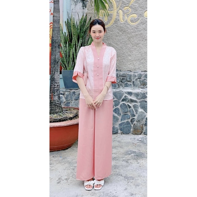 Đồ Lam Đi Chùa N11 - Sét Pháp Phục Bà Lai Áo Vải Gấm Sang Trọng Nhã Nhặn Lịch Sự - Quần Lụa Satin