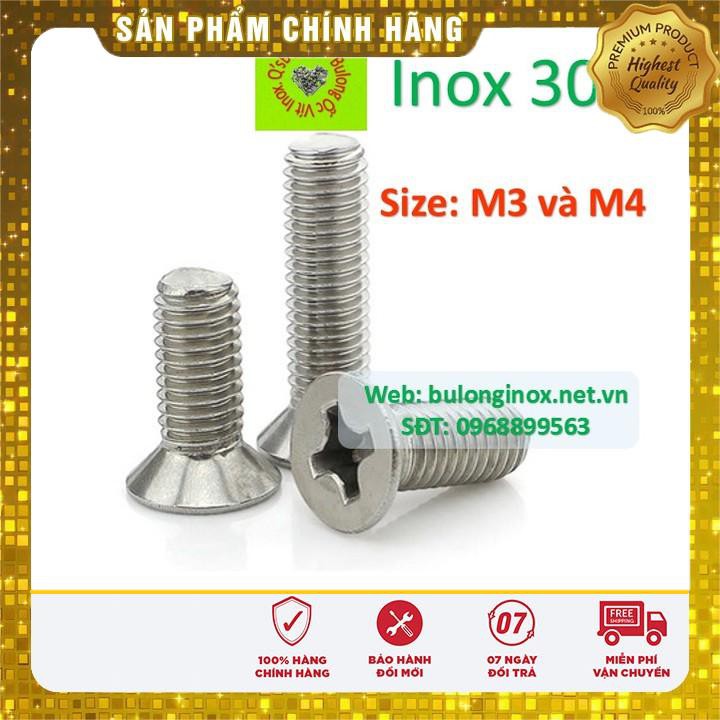 Vít pake đầu bằng inox size M3 và M4  , ốc 4 cạnh đầu  non inox, ốc vặn tua vít đầu bằng thân bulong, inox 304