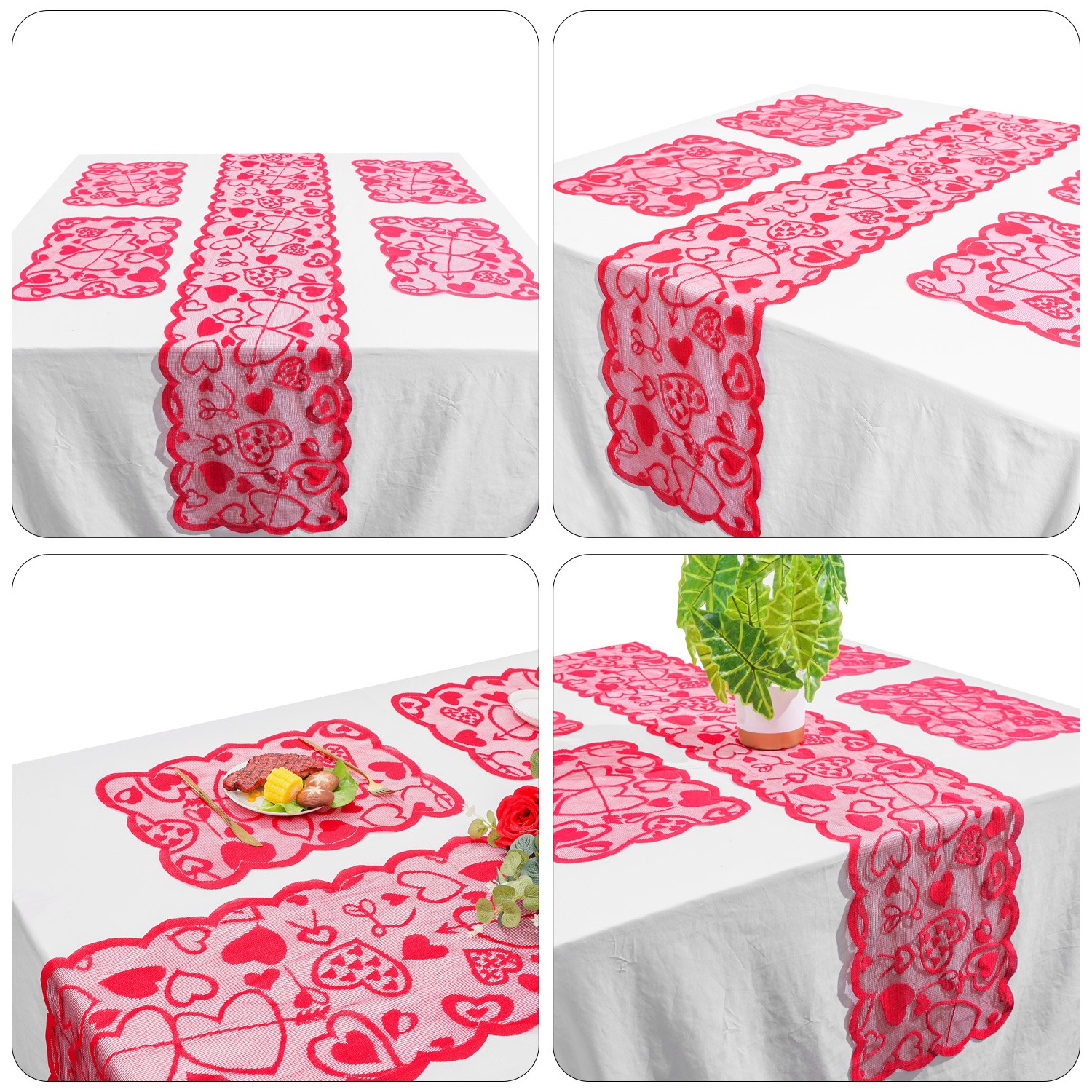 ❤LANSEL❤ 5PCS Rectangular Tablecloth Table Placemats Dinner Supplies Lace Table Runner Heart Party Wedding Anniversary Home Romantic Valentines Day