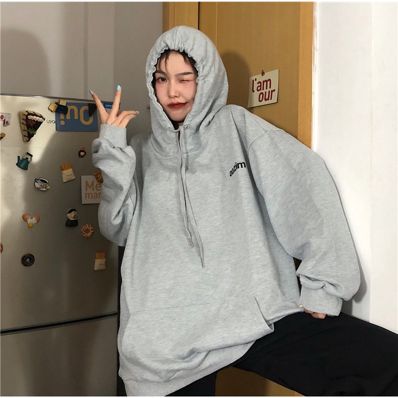 SUXI Áo Hoodies Tay Dài Màu Trơn Phong Cách Hàn Quốc