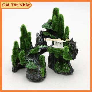 Mô hình non bộ núi đá có cỏ nhân tạo size mini trang trí bể cá cảnh hồ thủy sinh