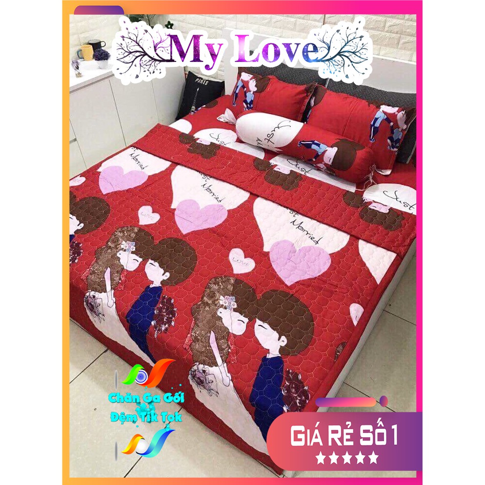 Bộ Cô Dâu 5 Món Chăn Drap và Vỏ Gối My Love Ngọt Ngào Dễ Thương - Đủ Size