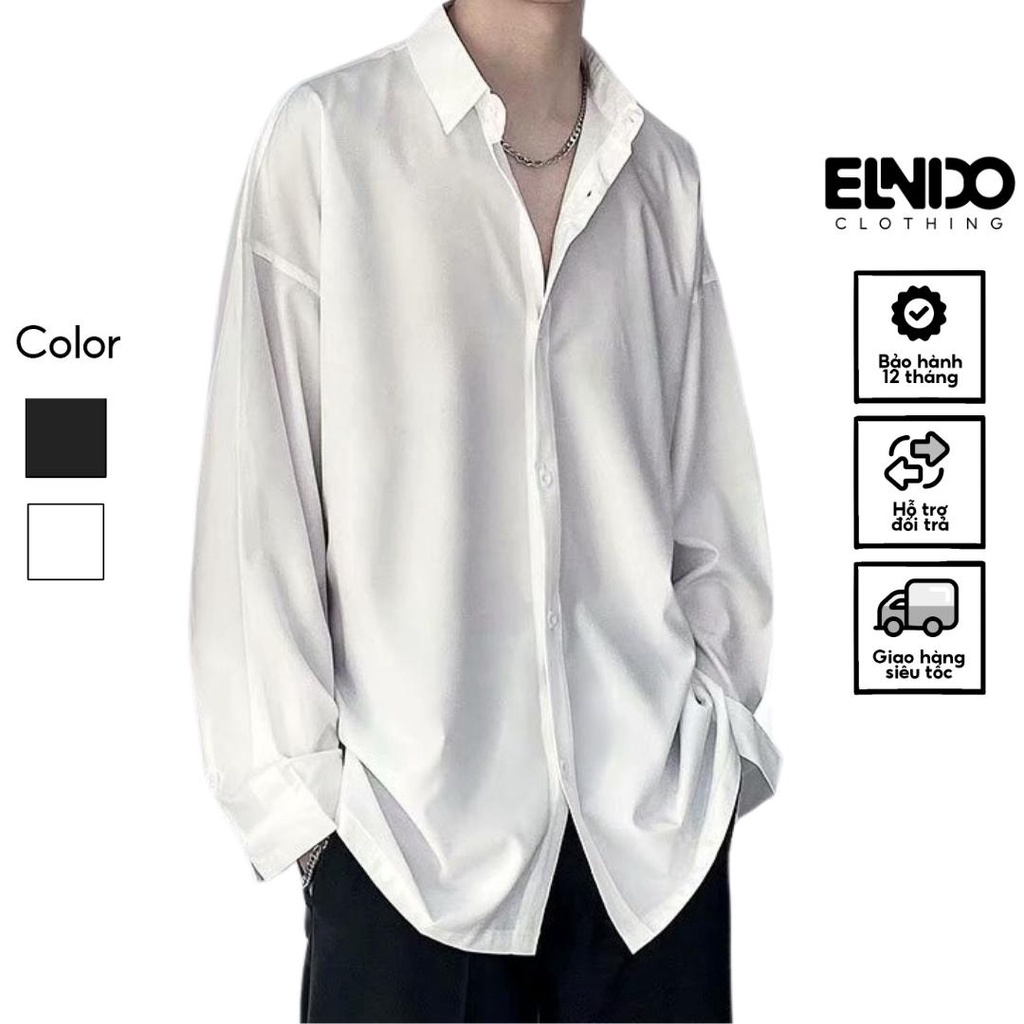 Áo sơ mi nam nữ dài tay Unisex Basic TRƠN Form rộng màu trắng và đen Chất cotton lụa mịn mát ELNIDO-ED03