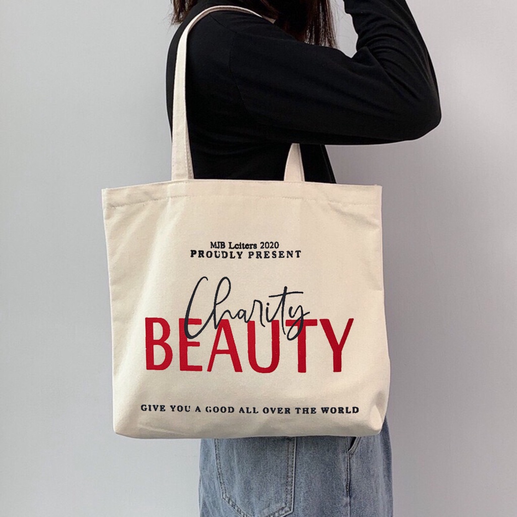 Túi tote vải canvas ulzzang unisex đi học đi làm có khoá miệng, có ngăn phụ in chữ TOAST và  CHARITY BETAUTY màu be