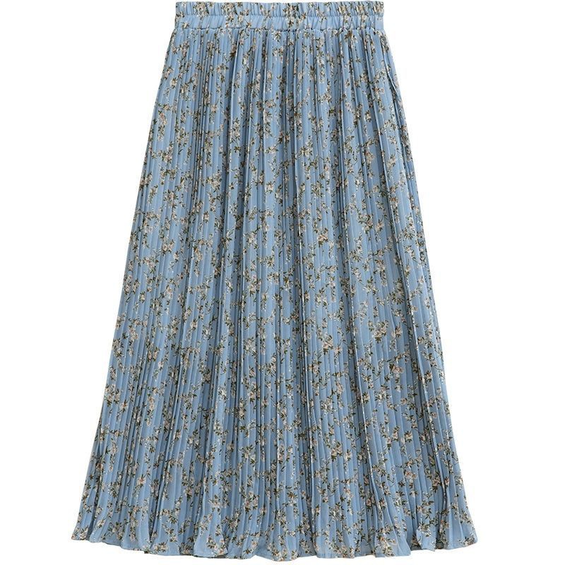 Chân váy BH vải voan xếp ly lưng cao dáng chữ A in hình hoa thời trang mùa hè 2021