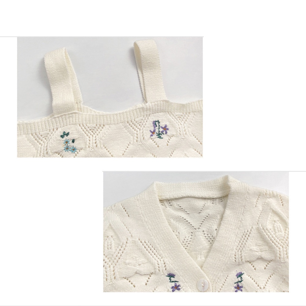 Bộ len mongtoghi nữ cardigan và áo hai dây dáng croptop dệt kim rỗng vặn thừng phong cách Hàn Quốc 1993 Boutique