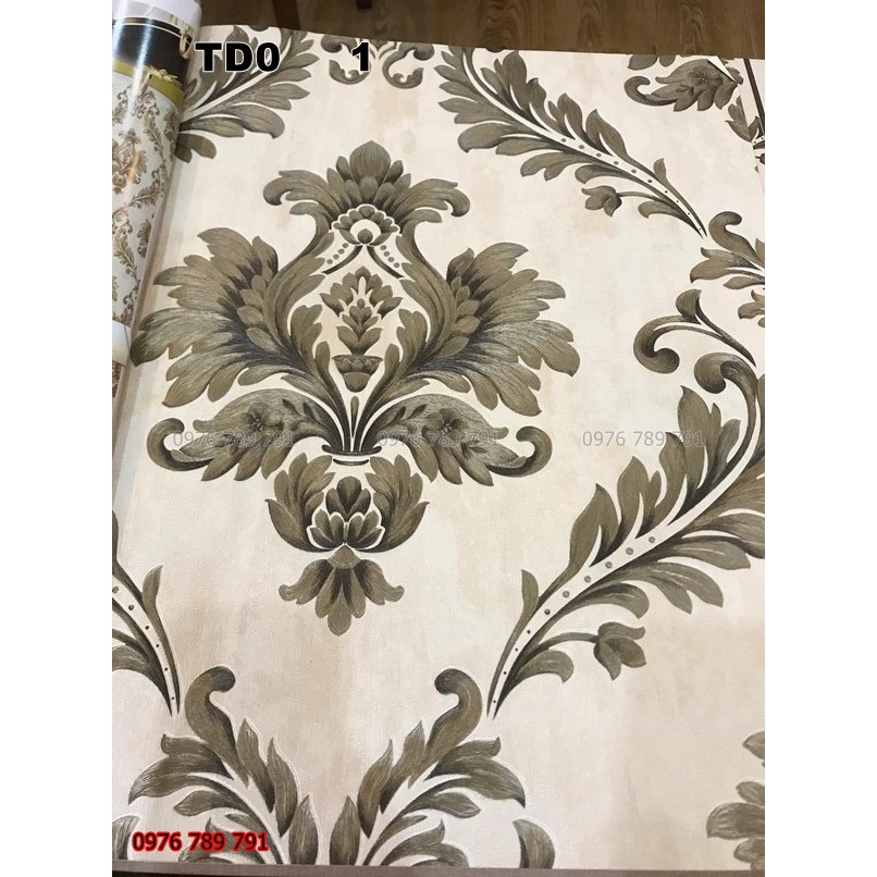 Giấy Dán Tường Hoa Văn Nổi Màu Nâu TD01 Cho Phòng Khách, Lụa Không Keo, Khổ 10m x 53 cm