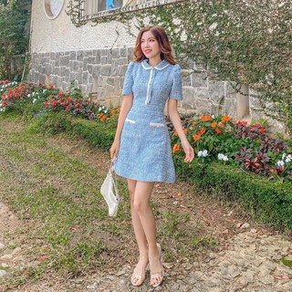 ẢNH THẬT - ĐẦM DẠ TWEED XANH CỔ SEN