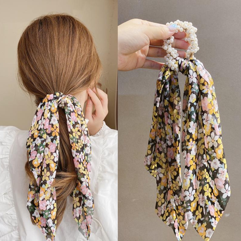 Dây Buộc Tóc Ruy Băng Đính Ngọc Trai Giả In Họa Tiết Mới Cho Nữ