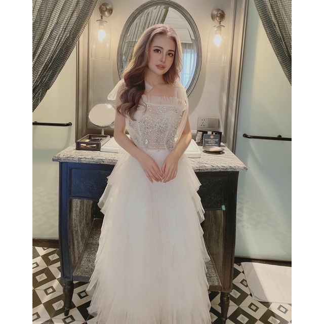 Đầm xoè xếp tầng hai dây nơ vai kết đá sang trọng TRIPBLE T DRESS - size M/L - MS350V
