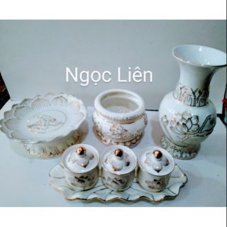 BỘ ĐỒ THỜ CÚNG SỨ BẠCH NGỌC HOA SEN DÀNH CHO BÀN THỜ NGANG 50cm trở xuống( Ly Cúng Có Nắp Đậy)
