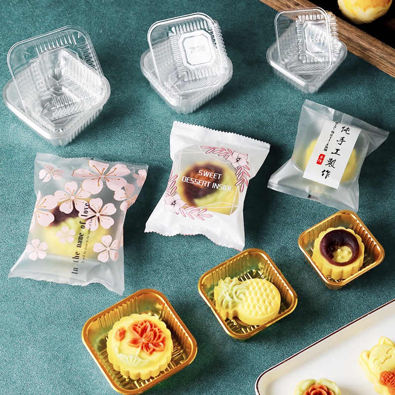 Bộ 100 Khay Đựng Bánh Trung Thu Hình Vuông Bằng Nhựa Màu Vàng Trong Suốt