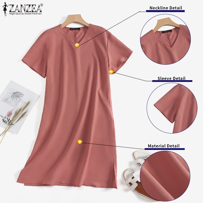 Đầm midi ZANZEA tay ngắn cổ v xẻ tà thời trang cho nữ